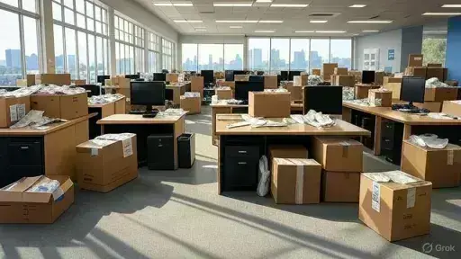 almart corporate office with empty desks and boxes being packed
